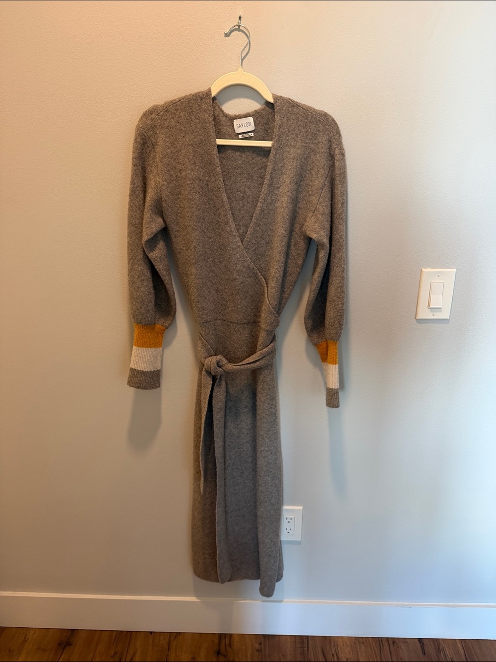 SAYLOR Taupe Wrap Knit Dress with Mustard & Cream Cuff Stripes